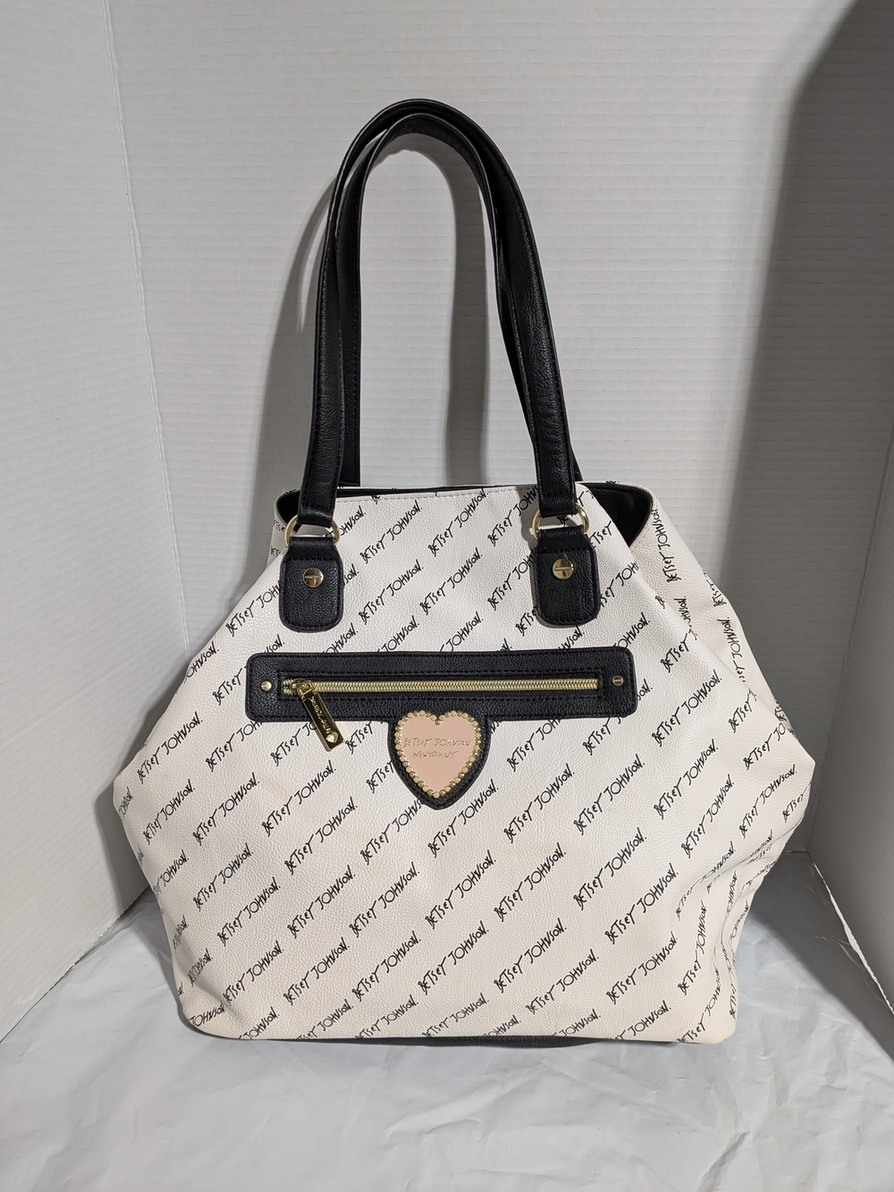 Betsey Johnson Cream and Black Logo Tote with Heart Zip Accent
